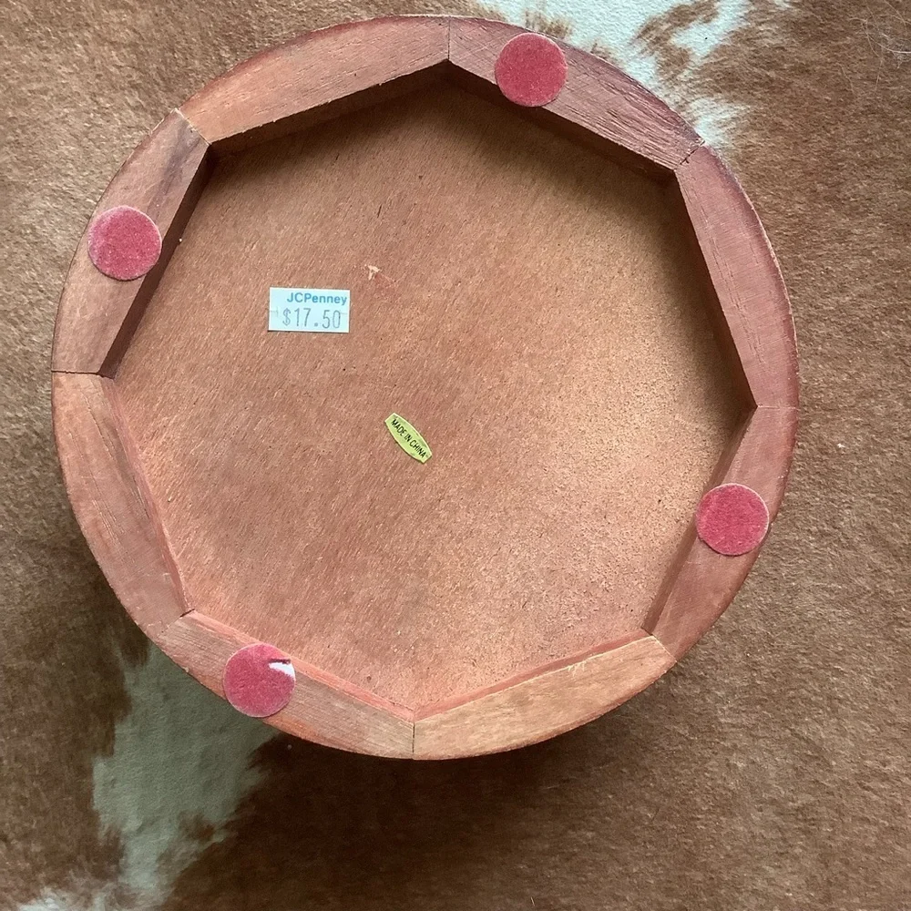 Vintage Wood Wooden Tapestry Round Jewelry Box
